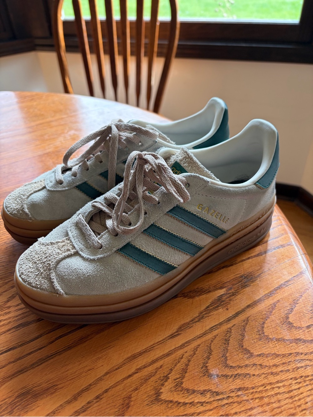 adidas Gazelle Women’s Beige Suede Sneakers with Green Stripes and Gum Sole